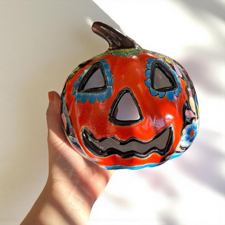 Hand Painted Mexican Talavera Halloween Orange Jack O Lantern, Tabletop Small (Varying Design)