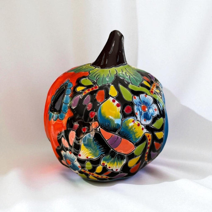 Hand Painted Mexican Talavera Halloween Orange Jack O Lantern, Tabletop Small (Varying Design)