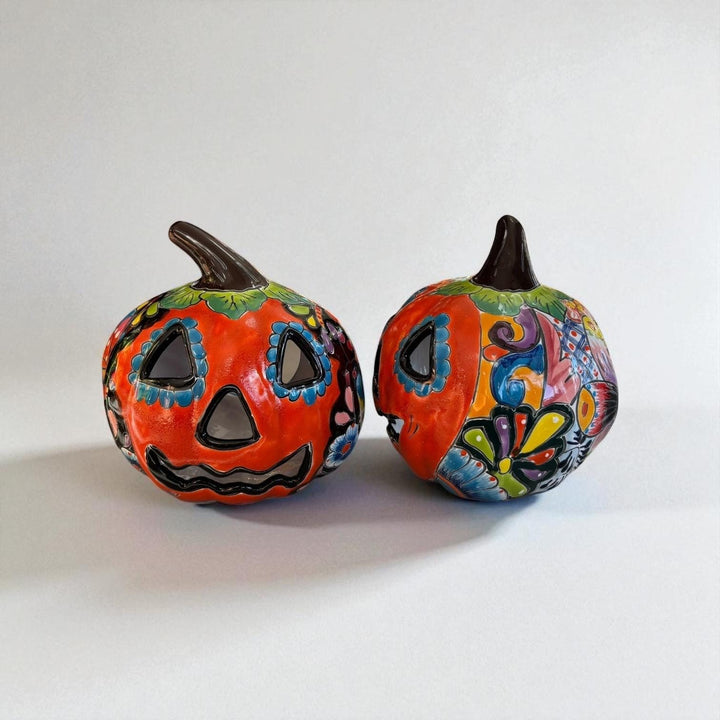 Hand Painted Mexican Talavera Halloween Orange Jack O Lantern, Tabletop Small (Varying Design)