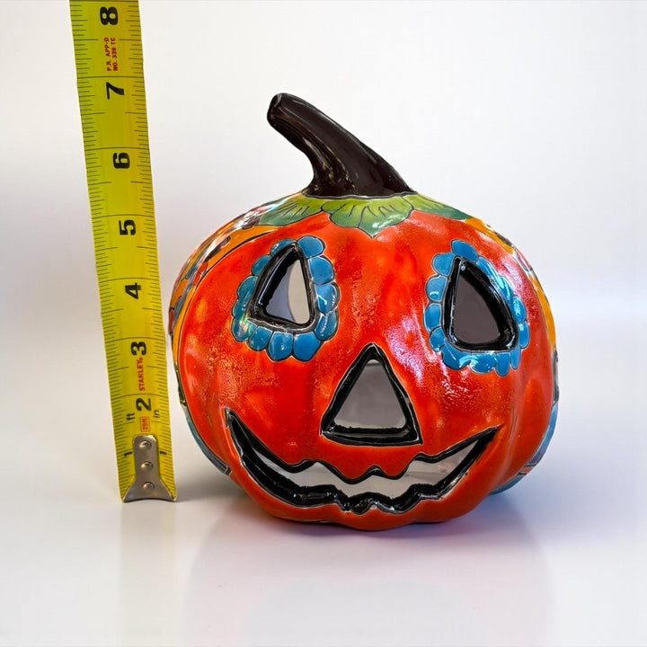 Hand Painted Mexican Talavera Halloween Orange Jack O Lantern, Tabletop Small (Varying Design)