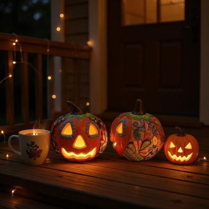 Hand Painted Mexican Talavera Halloween Orange Jack O Lantern, Tabletop Small (Varying Design)
