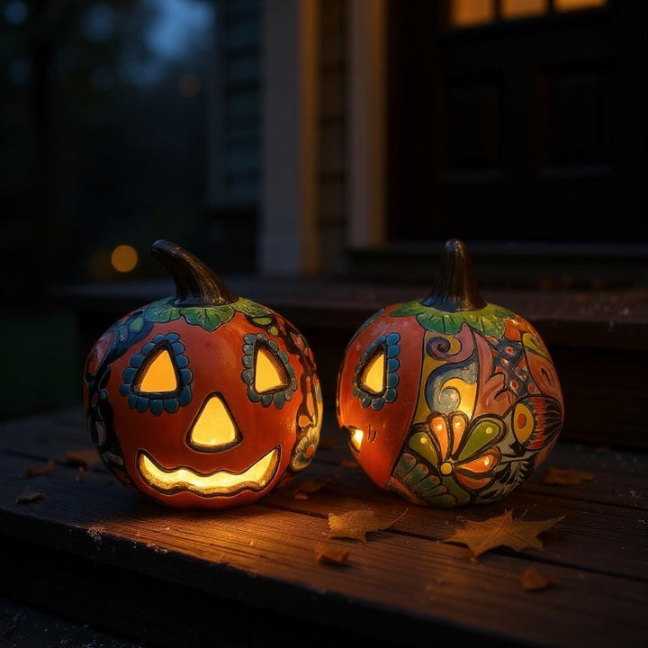 Hand Painted Mexican Talavera Halloween Orange Jack O Lantern, Tabletop Small (Varying Design)