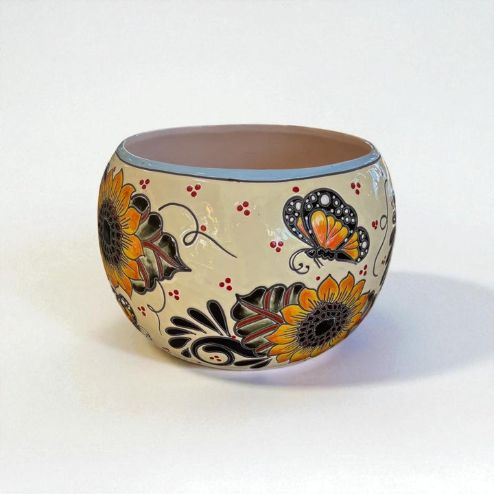 Handpainted Mexican Talavera Round Planter, Light Ivory Yellow Butterfly Sunflower Design – Free Shipping (Contiguous U.S. Only)