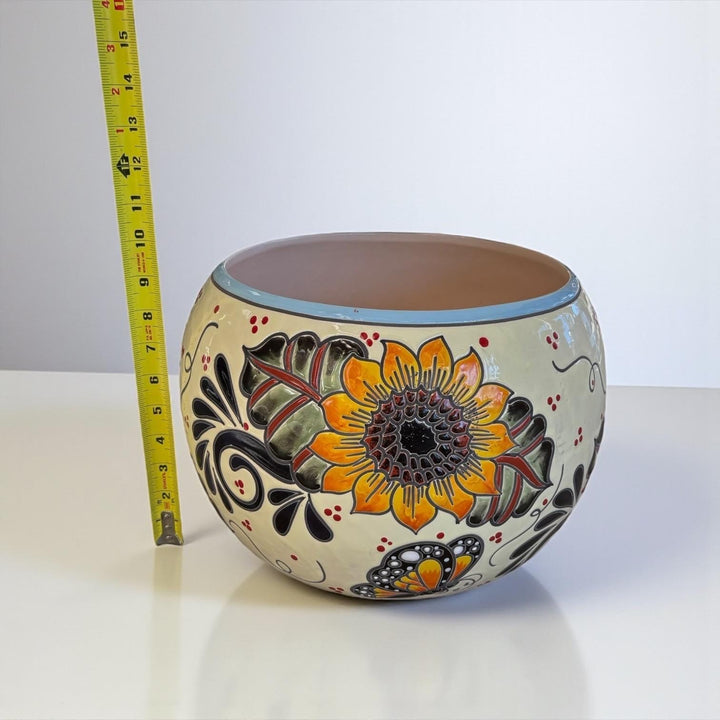 Handpainted Mexican Talavera Round Planter, Light Ivory Yellow Butterfly Sunflower Design – Free Shipping (Contiguous U.S. Only)