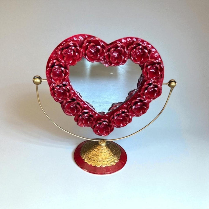 Handmade Mexican Red & Gold Tin Heart Rose Standing Mirror
