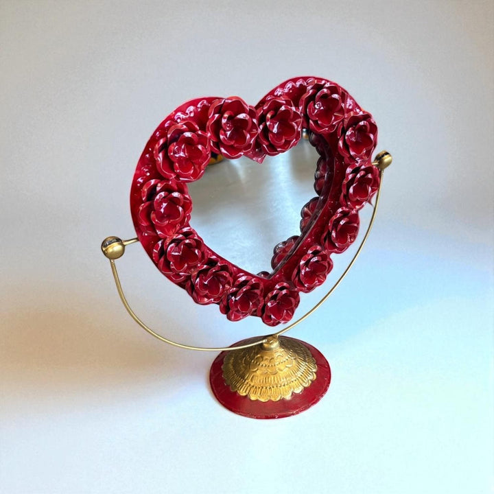 Handmade Mexican Red & Gold Tin Heart Rose Standing Mirror
