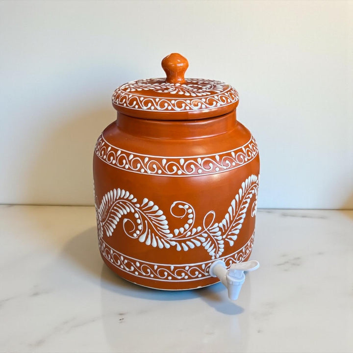 Beautiful Hand Painted Rustic Brown & White Floral Vines Water Dispenser “Portagarrafon” – Free Shipping (Contiguous U.S. Only)