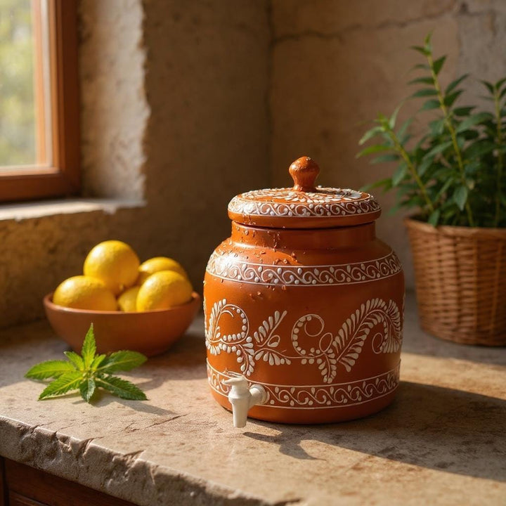 Beautiful Hand Painted Rustic Brown & White Floral Vines Water Dispenser “Portagarrafon” – Free Shipping (Contiguous U.S. Only)