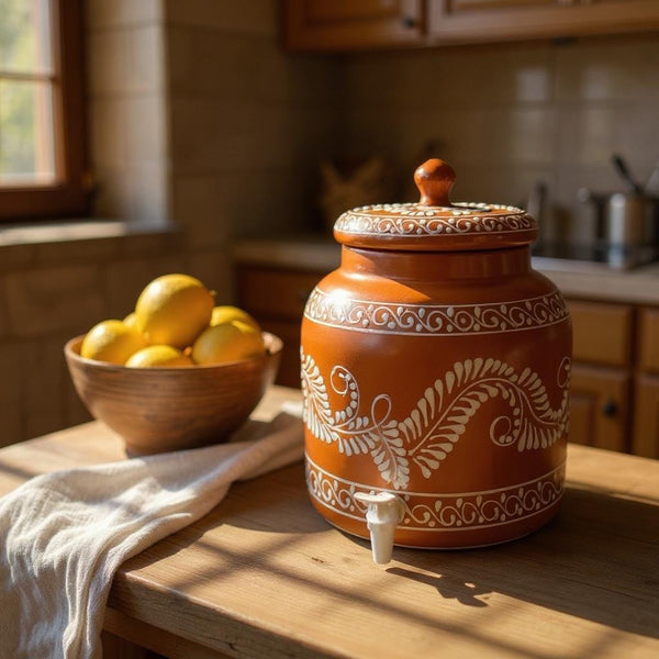 Beautiful Hand Painted Rustic Brown & White Floral Vines Water Dispenser “Portagarrafon” – Free Shipping (Contiguous U.S. Only)