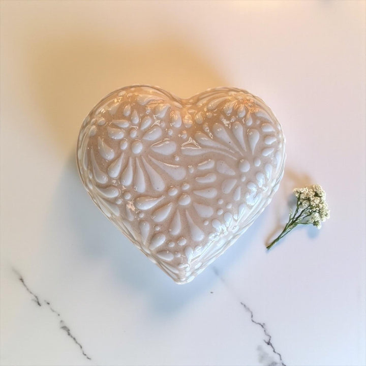 Hand Painted Ivory and White Talavera Heart Jewelry Trinket Box