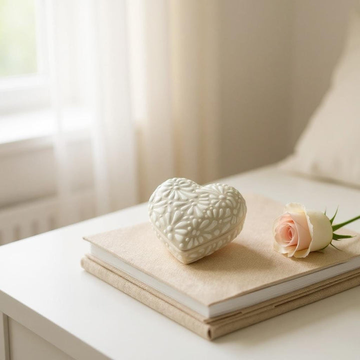 Hand Painted Ivory and White Talavera Heart Jewelry Trinket Box