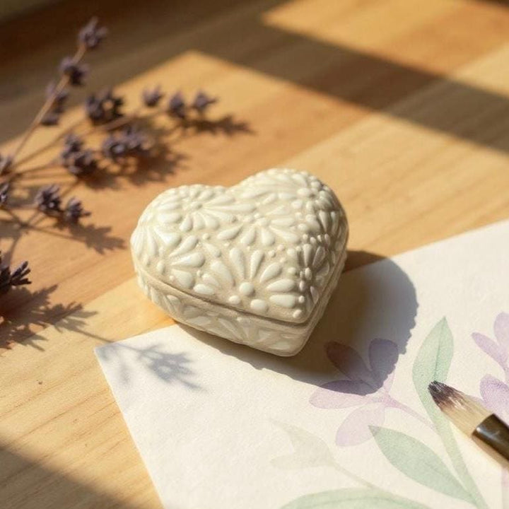 Hand Painted Ivory and White Talavera Heart Jewelry Trinket Box