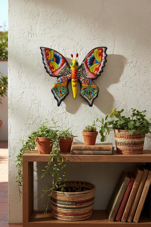 Beautiful Hand Painted Mexican Talavera Folkart Butterfly Wall Decor, Blue