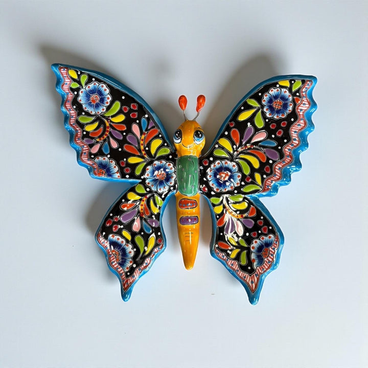 Beautiful Hand Painted Mexican Talavera Folkart Butterfly Wall Decor, Blk