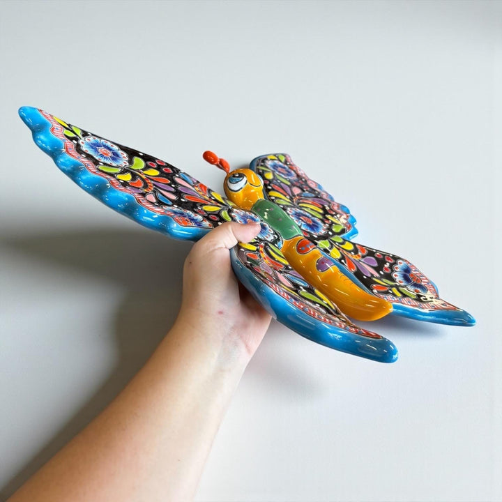 Beautiful Hand Painted Mexican Talavera Folkart Butterfly Wall Decor, Blk
