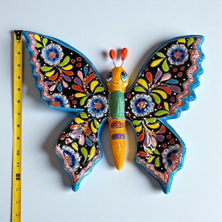 Beautiful Hand Painted Mexican Talavera Folkart Butterfly Wall Decor, Blk