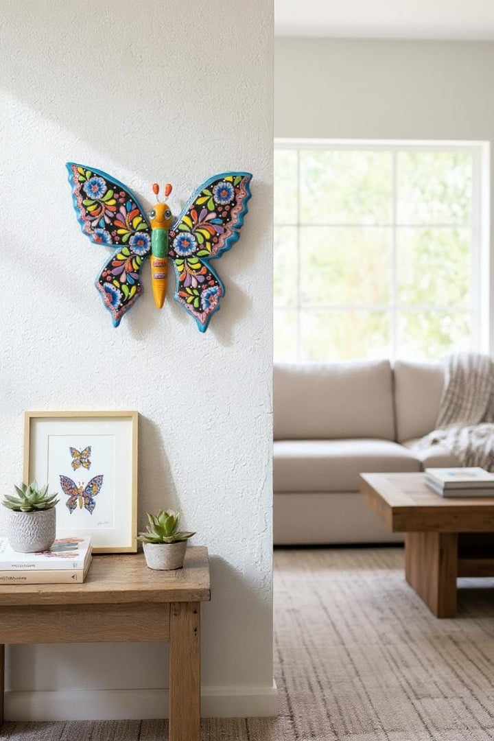 Beautiful Hand Painted Mexican Talavera Folkart Butterfly Wall Decor, Blk