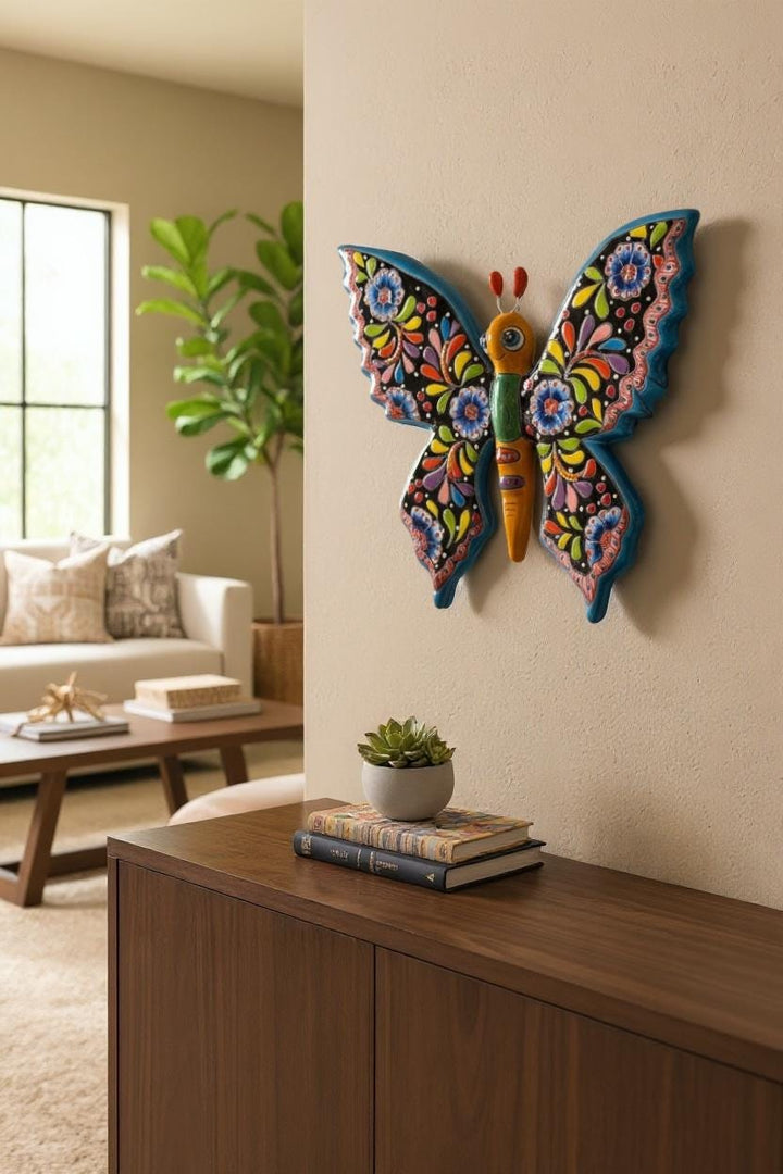 Beautiful Hand Painted Mexican Talavera Folkart Butterfly Wall Decor, Blk