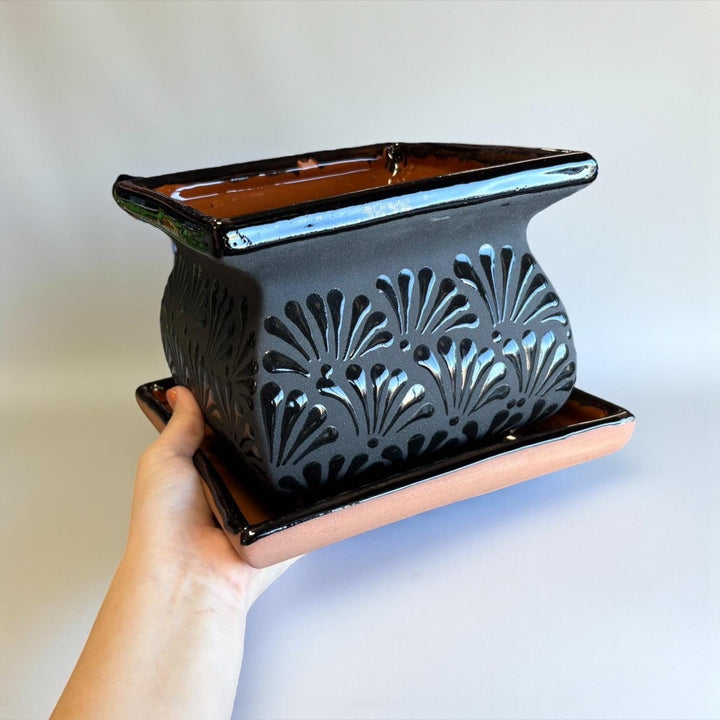 Hand Painted Mexican Black Clay and Black Square Planter Pot on Saucer (Cielito Lindo Inspired), Tabletop Medium