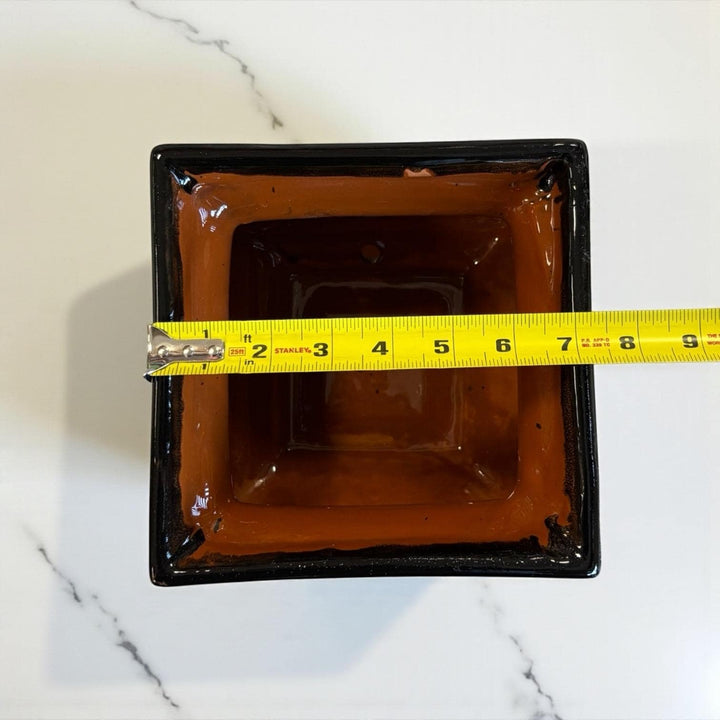 Hand Painted Mexican Black Clay and Black Square Planter Pot on Saucer (Cielito Lindo Inspired), Tabletop Medium