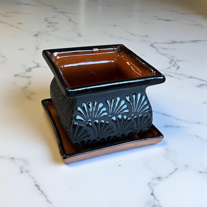 Hand Painted Mexican Black Clay and Black Square Planter Pot on Saucer (Cielito Lindo Inspired), Tabletop Medium