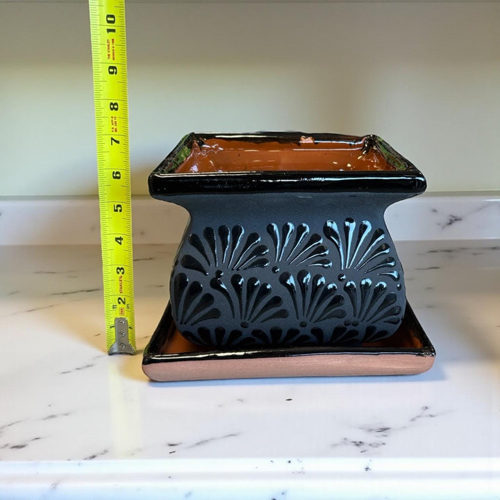 Hand Painted Mexican Black Clay and Black Square Planter Pot on Saucer (Cielito Lindo Inspired), Tabletop Medium