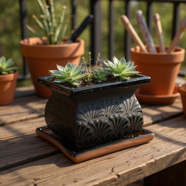 Hand Painted Mexican Black Clay and Black Square Planter Pot on Saucer (Cielito Lindo Inspired), Tabletop Medium