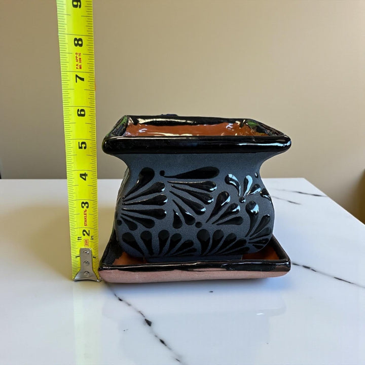Hand Painted Mexican Black Clay and Black Square Planter Pot on Saucer (Cielito Lindo Inspired), Tabletop Small