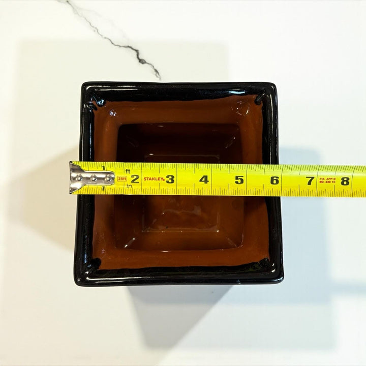 Hand Painted Mexican Black Clay and Black Square Planter Pot on Saucer (Cielito Lindo Inspired), Tabletop Small