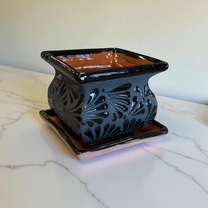 Hand Painted Mexican Black Clay and Black Square Planter Pot on Saucer (Cielito Lindo Inspired), Tabletop Small