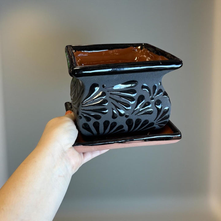 Hand Painted Mexican Black Clay and Black Square Planter Pot on Saucer (Cielito Lindo Inspired), Tabletop Small