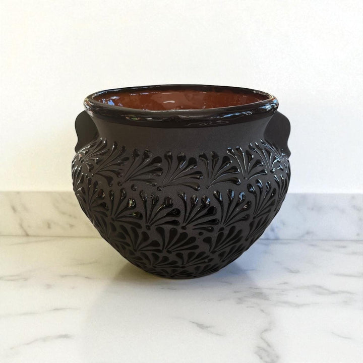Hand Painted Mexican Black Clay and Black Planter Pot with Faux Handles (Cielito Lindo Inspired)