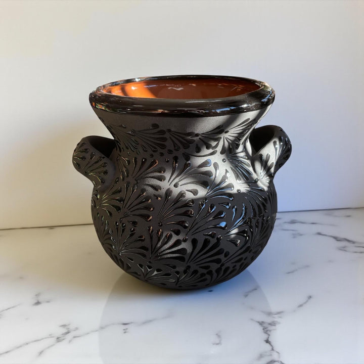 Hand Painted Mexican Black Clay and Black Planter Pot with Handles (Cielito Lindo Inspired)