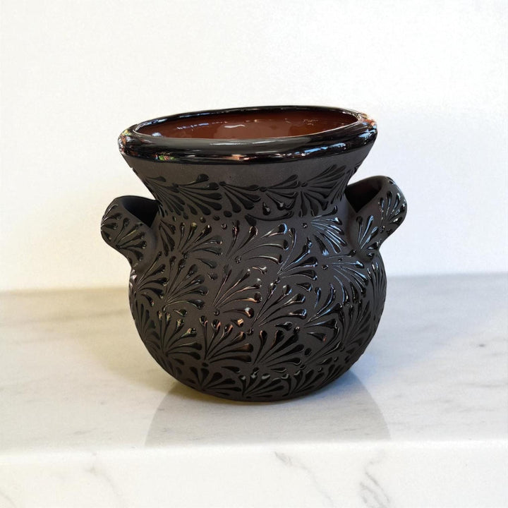 Hand Painted Mexican Black Clay and Black Planter Pot with Handles (Cielito Lindo Inspired)