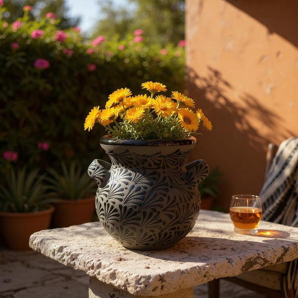 Hand Painted Mexican Black Clay and Black Planter Pot with Handles (Cielito Lindo Inspired)
