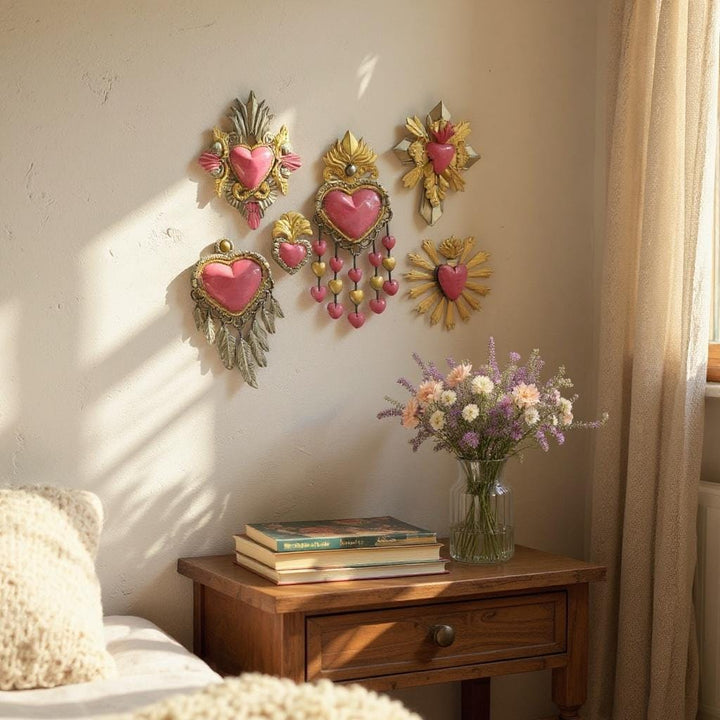 Handmade Mexican Pink Tin Hearts Wall Decor – Assorted Designs (Corazon Sagrado Inspired)