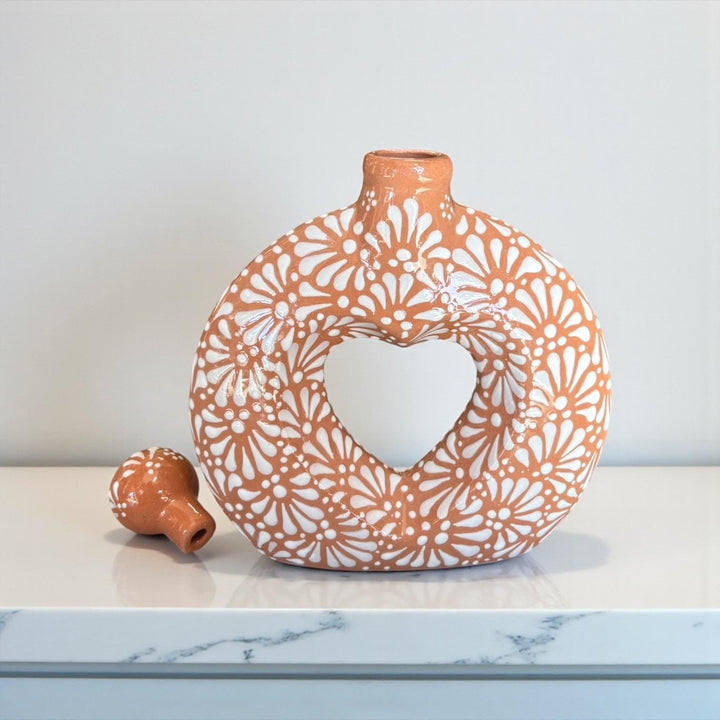 Hand Painted Mexican Talavera Heart Donut Decanter “Licorera” (Cielito Lindo Inspired), Light Brown & White