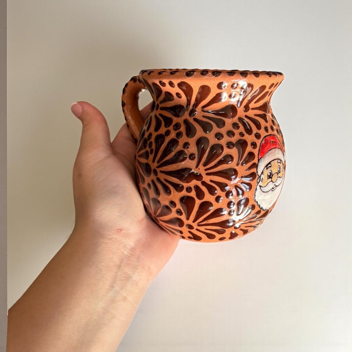 Hand Painted Talavera Cantarito with Handle Mug, Santa Gingerbread Brown & Dark Chocolate – Set of 2