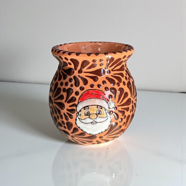 Hand Painted Talavera Cantarito with Handle Mug, Santa Gingerbread Brown & Dark Chocolate – Set of 2