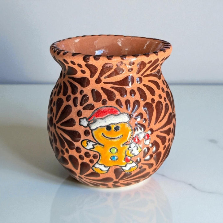 Hand Painted Talavera Cantarito with Handle Mug, Santa Gingerbread Brown & Dark Chocolate – Set of 2