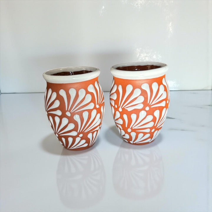 Hand Painted Rustic Clay Brown and White Cantarito Cup (Cielito Lindo) – Set of 2