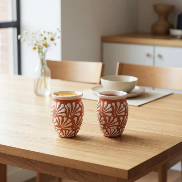 Hand Painted Rustic Clay Brown and White Cantarito Cup (Cielito Lindo) – Set of 2