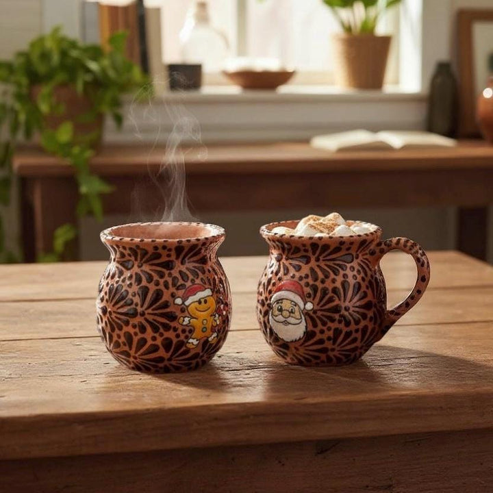 Hand Painted Talavera Cantarito with Handle Mug, Santa Gingerbread Brown & Dark Chocolate – Set of 2