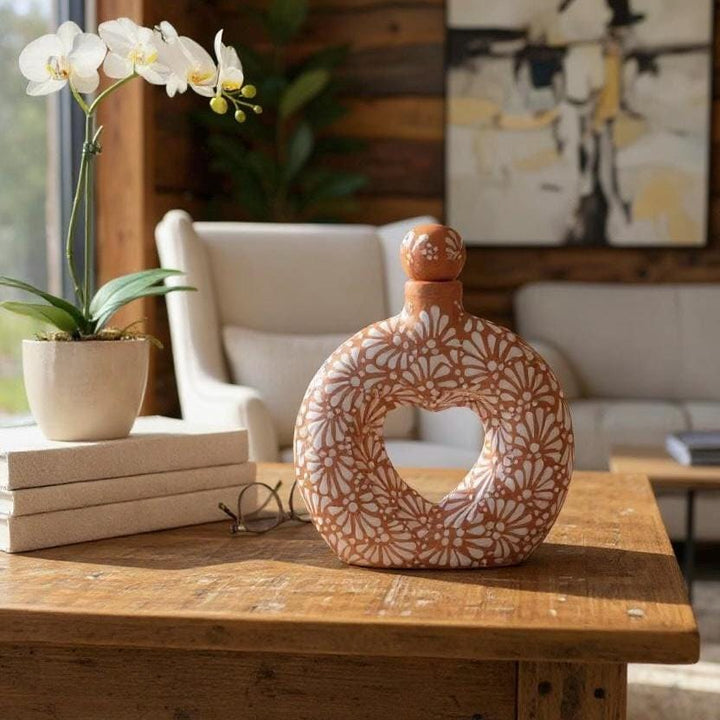 Hand Painted Mexican Talavera Heart Donut Decanter “Licorera” (Cielito Lindo Inspired), Light Brown & White