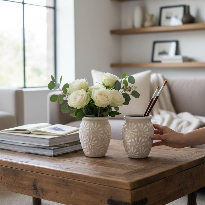 Hand Painted Large Ivory Cream and White Rustic Clay Cantarito – Assorted Quantities