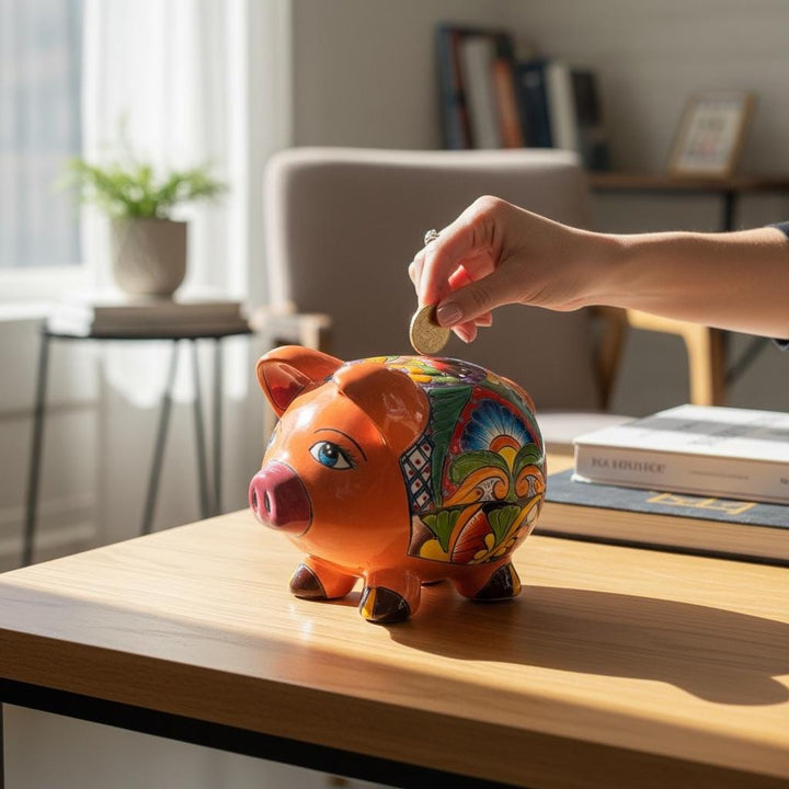 Cute Hand Painted Talavera Coral Piggy Bank Decor (No Stopper Opening)