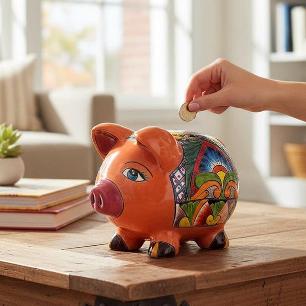 Cute Hand Painted Talavera Coral Piggy Bank Decor (No Stopper Opening)