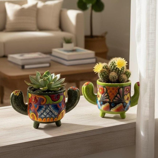 Cute Hand Painted Mexican Talavera Cactus Planter Pot – Assorted Colors (Varying Design)