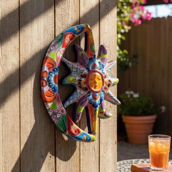 Beautiful Hand Painted Talavera Rustic Sleeping Sun & Crescent Moon Garden Wall Decor – Assorted Designs