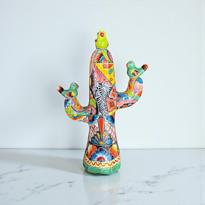 Hand Painted Mexican Talavera Cactus with Resting Birds – Free Shipping (Contiguous U.S. Only)